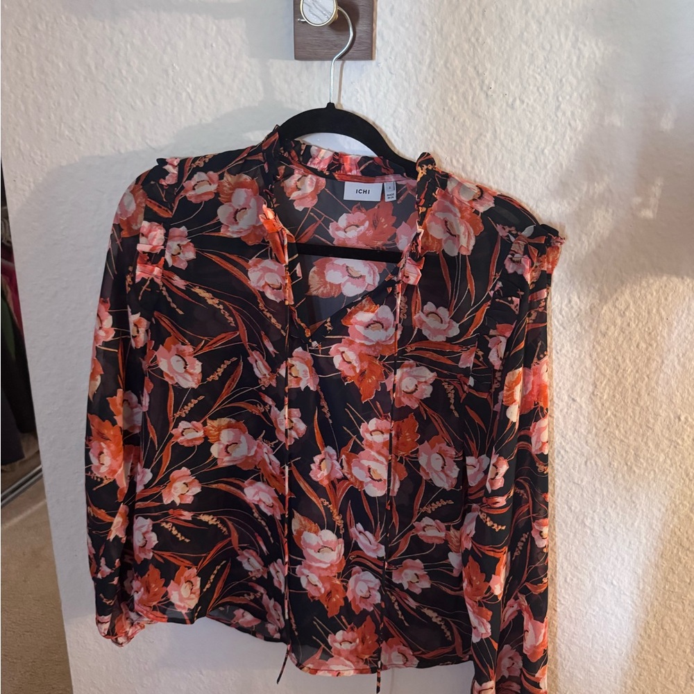 Black and Orange Ruffled Tie Front Blouse